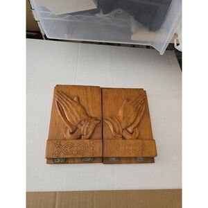Vintage Wood Praying Hands Bookends Hinged Folding Wooden Religious Pair